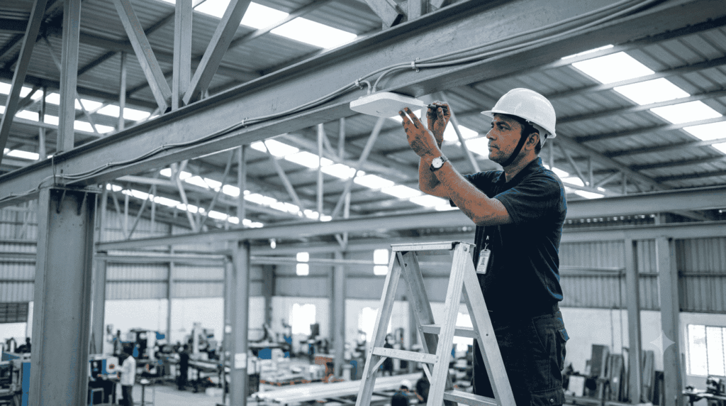 WiFi solution for factory shed: technician fitting a ceiling access point