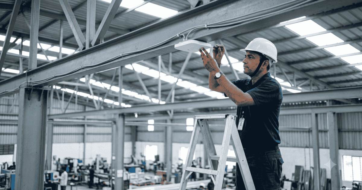 WiFi solution for factory shed: technician fitting a ceiling access point