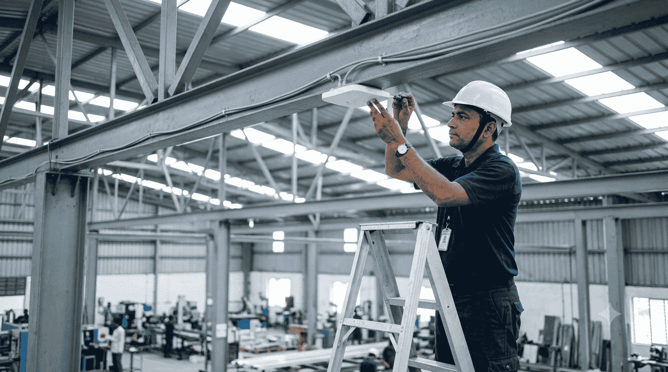 WiFi solution for factory shed: technician fitting a ceiling access point