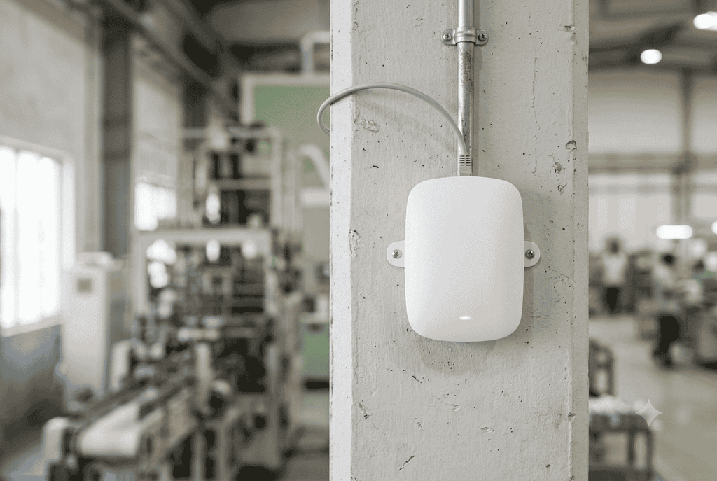 Industrial WiFi access point mounted on a column in an Indian production hall