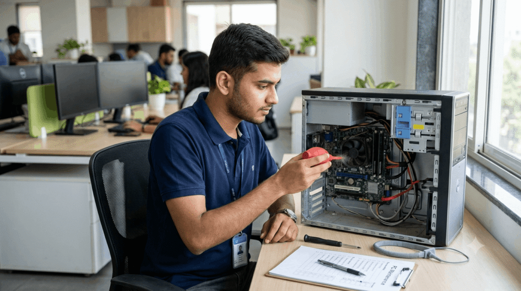 IT technician repairing desktop PC motherboard for computer AMC service in Vapi