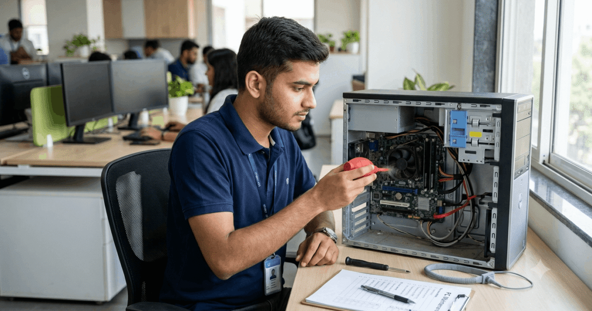 IT technician repairing desktop PC motherboard for computer AMC service in Vapi