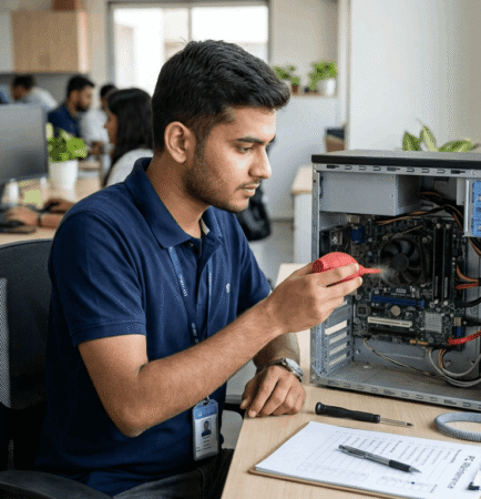 IT technician repairing desktop PC motherboard for computer AMC service in Vapi