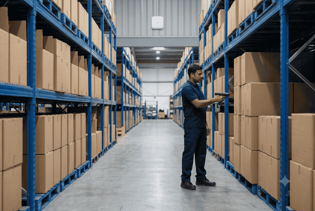 Warehouse aisle with tall metal racking and a worker using a handheld scanner