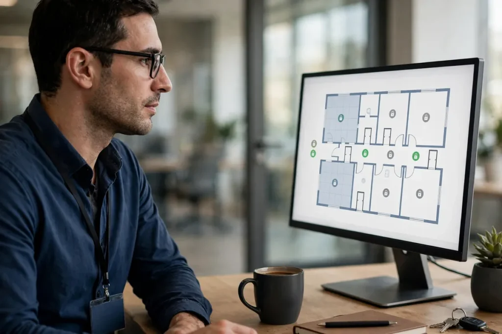 Security manager reviewing digital door access logs on desktop software