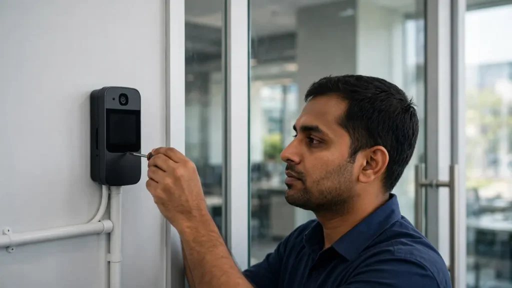 Technician installing biometric access control system in Vapi office