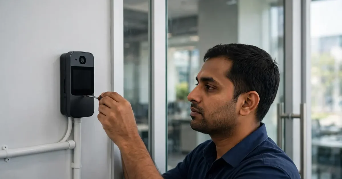 Technician installing biometric access control system in Vapi office