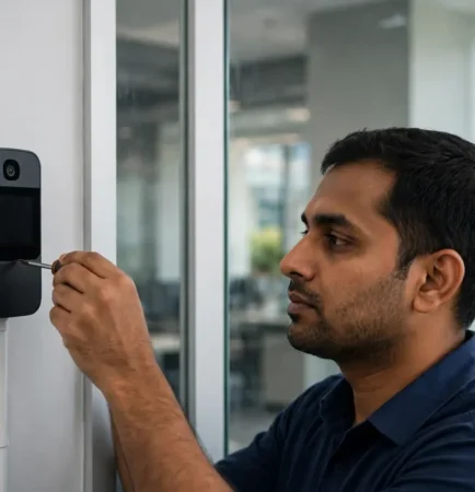 Technician installing biometric access control system in Vapi office