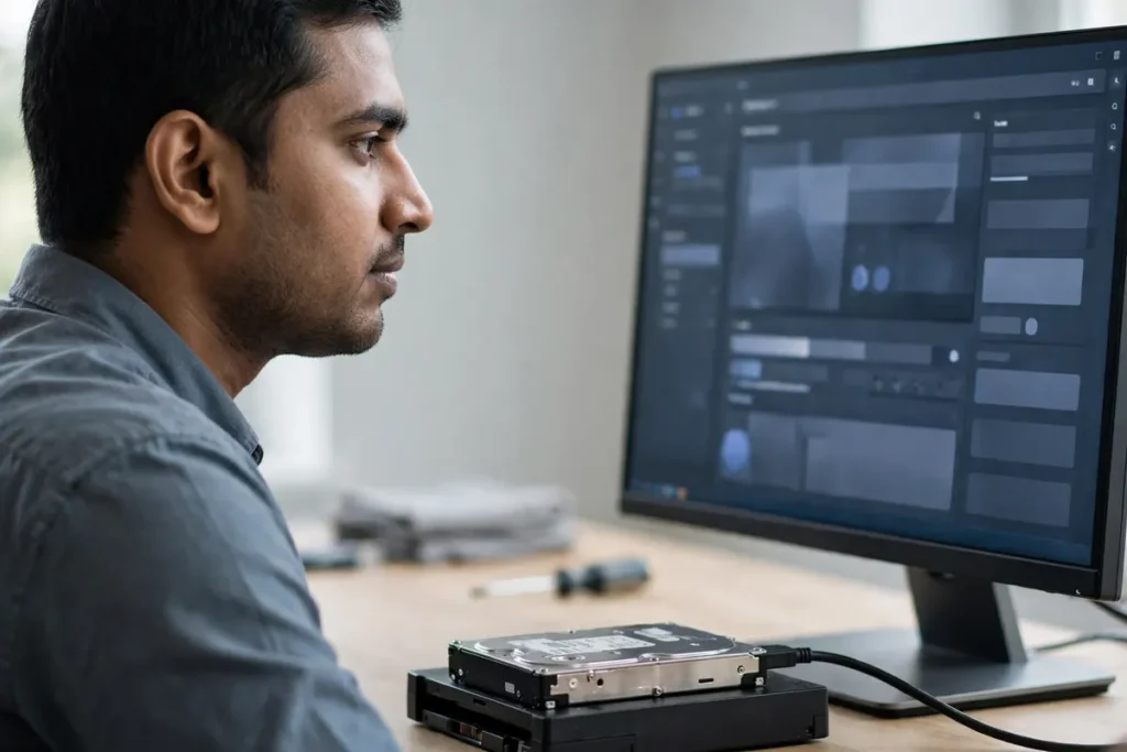 IT technician monitoring data extraction process on bench computer screen