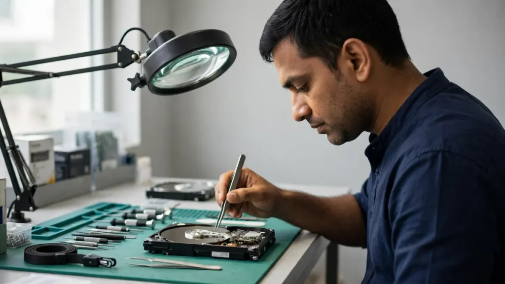 Data recovery service in Vapi specialist examining hard drive drive on workbench Size: 1200×675 (16:9)