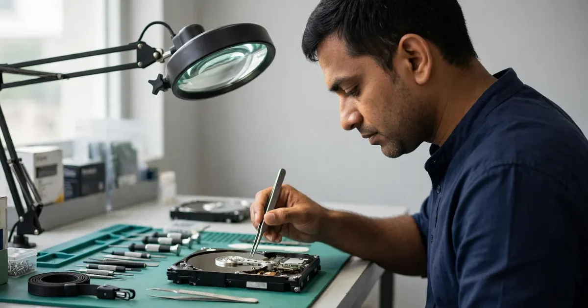 Data recovery service in Vapi specialist examining hard drive drive on workbench Size: 1200×675 (16:9)