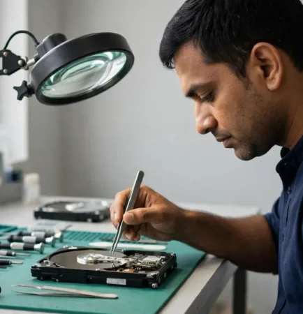 Data recovery service in Vapi specialist examining hard drive drive on workbench Size: 1200×675 (16:9)
