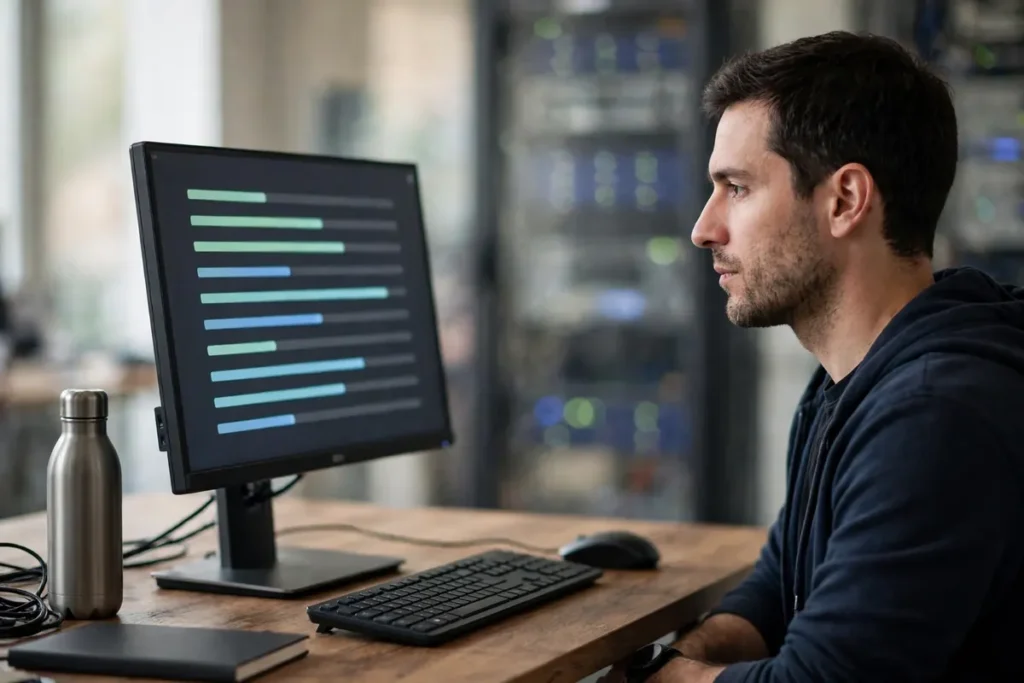IT technician running disaster recovery restoration drill on computer screen
