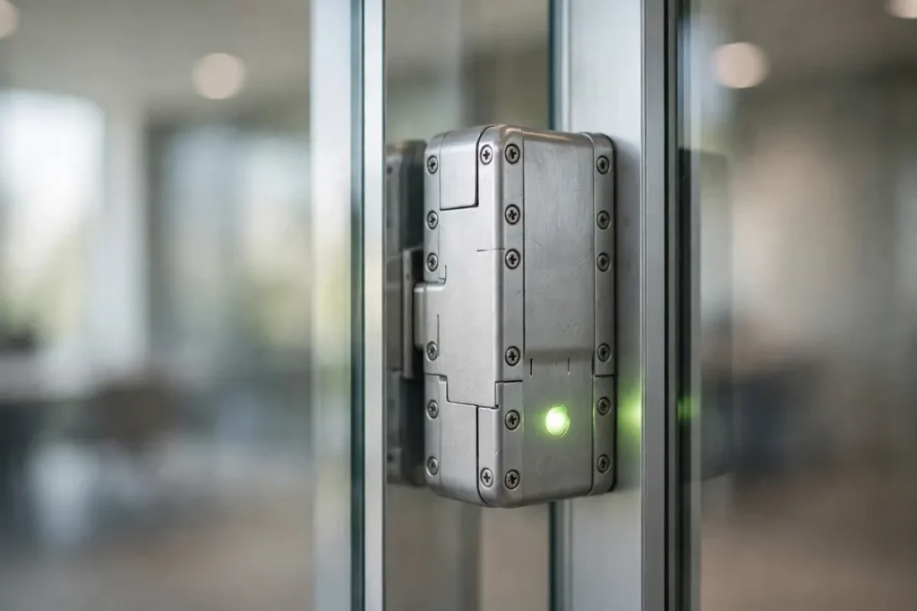 Close up of electromagnetic door lock and biometric terminal setup
