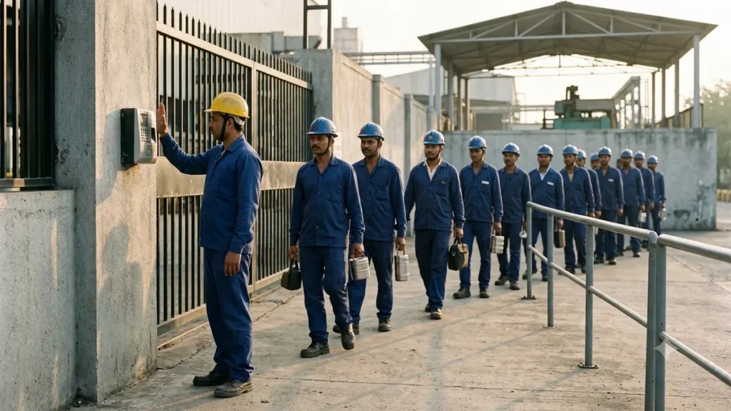 Biometric attendance system for factory gate with workers punching in at shift change