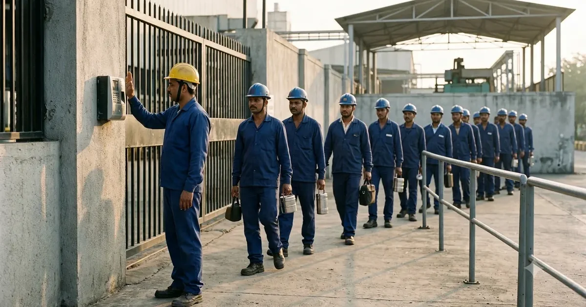 Biometric attendance system for factory gate with workers punching in at shift change