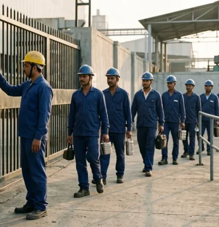 Biometric attendance system for factory gate with workers punching in at shift change