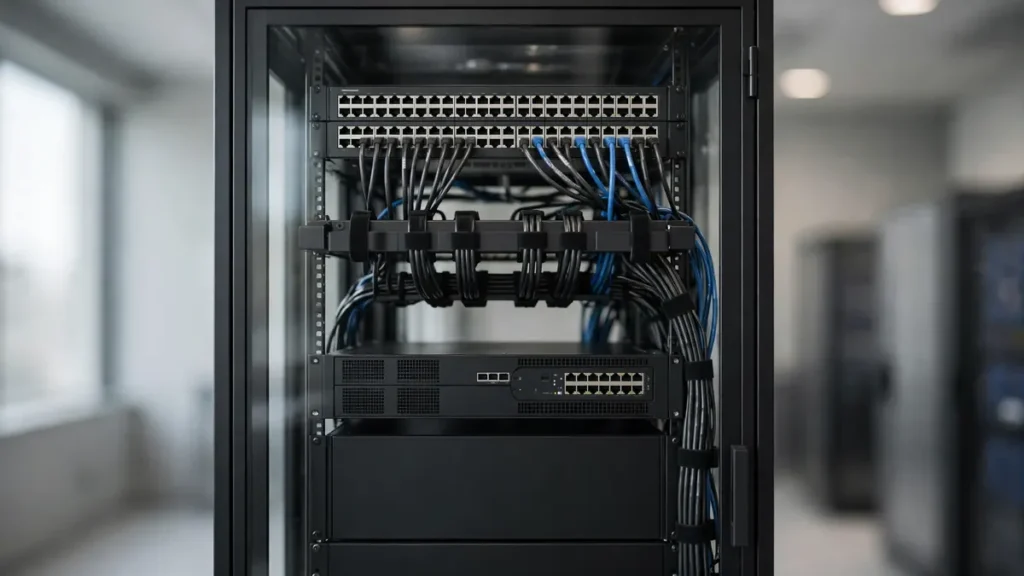 Hardware firewall unit connected to patch panel in server enclosure