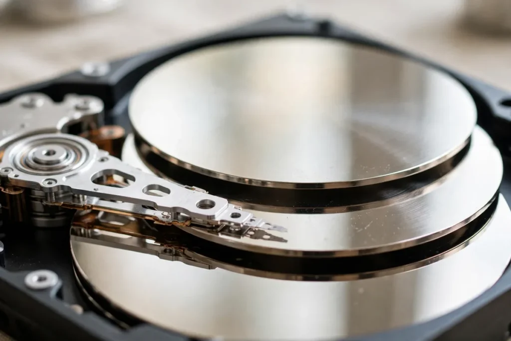 Close up of hard drive platters and read head assembly in clean service room