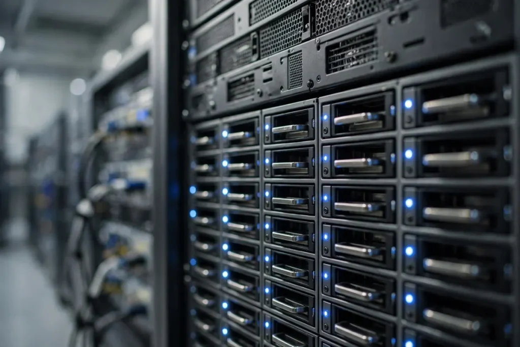 Close up of hot swappable NAS storage drives in industrial server rack
