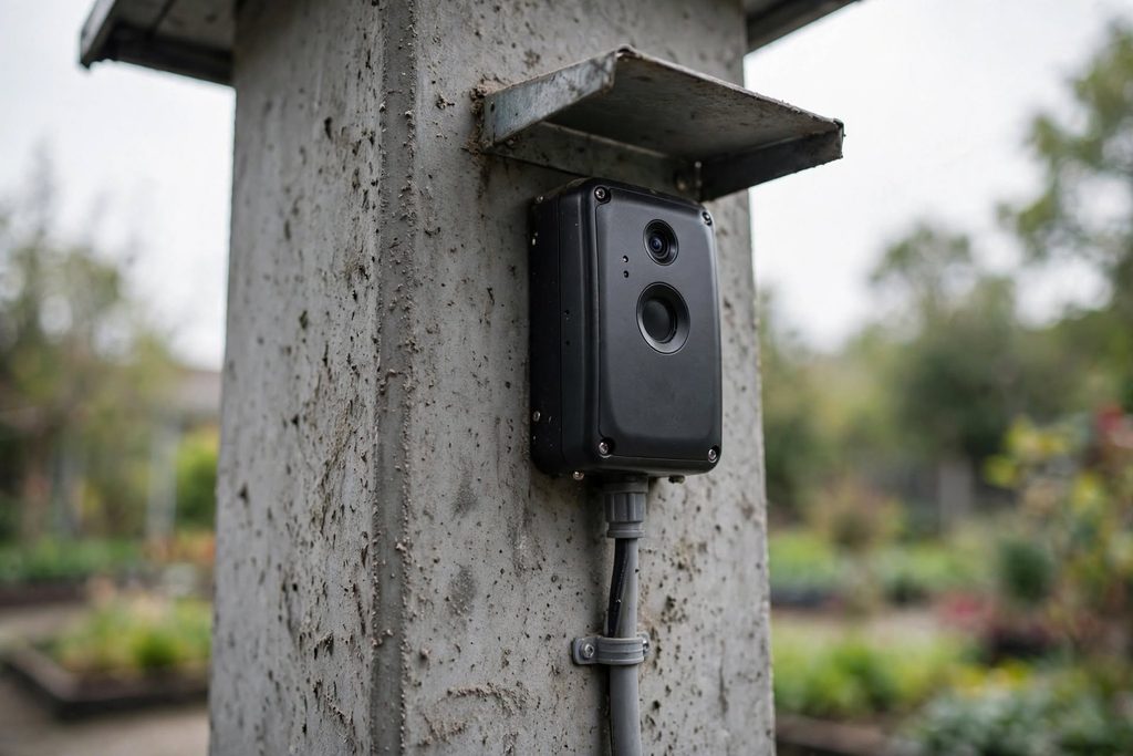 Biometric attendance system mounted under cover beside a factory gate