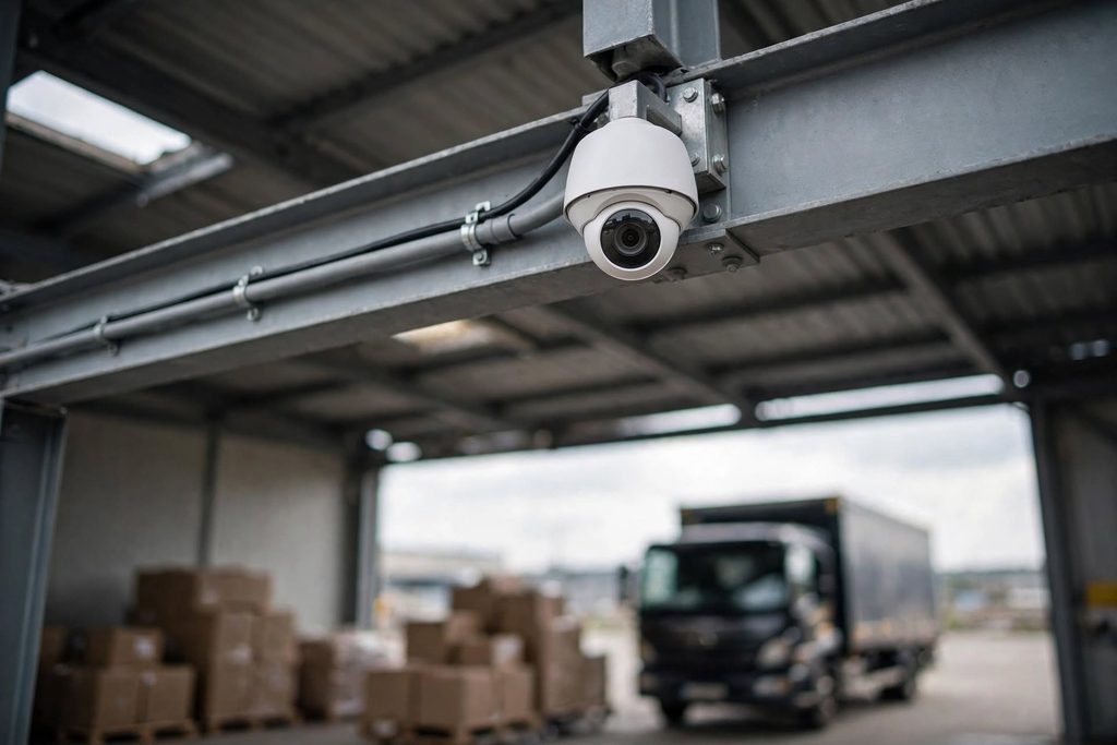 Dome camera covering a loading bay at an industrial shed