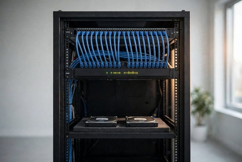  NVR and surveillance hard disks in a factory network rack
