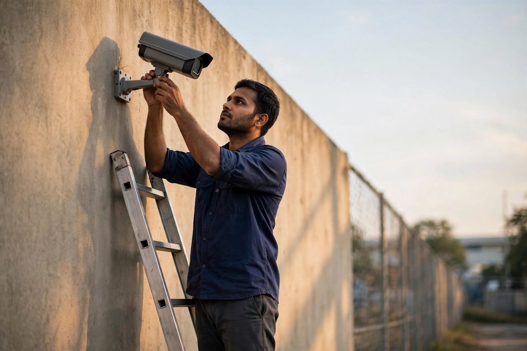 Technician aligning an outdoor bullet camera on a factory boundary wall