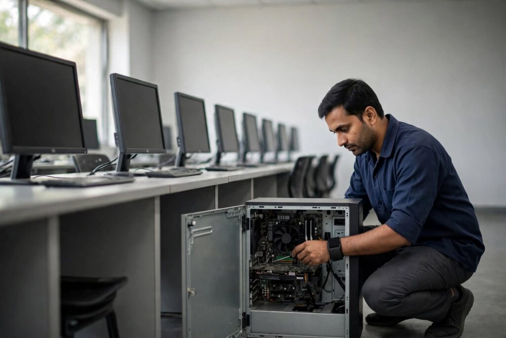 Computer AMC for schools and colleges: engineer servicing a desktop in a college computer lab