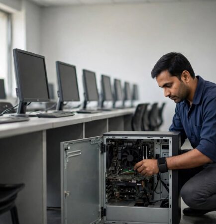 Computer AMC for schools and colleges: engineer servicing a desktop in a college computer lab