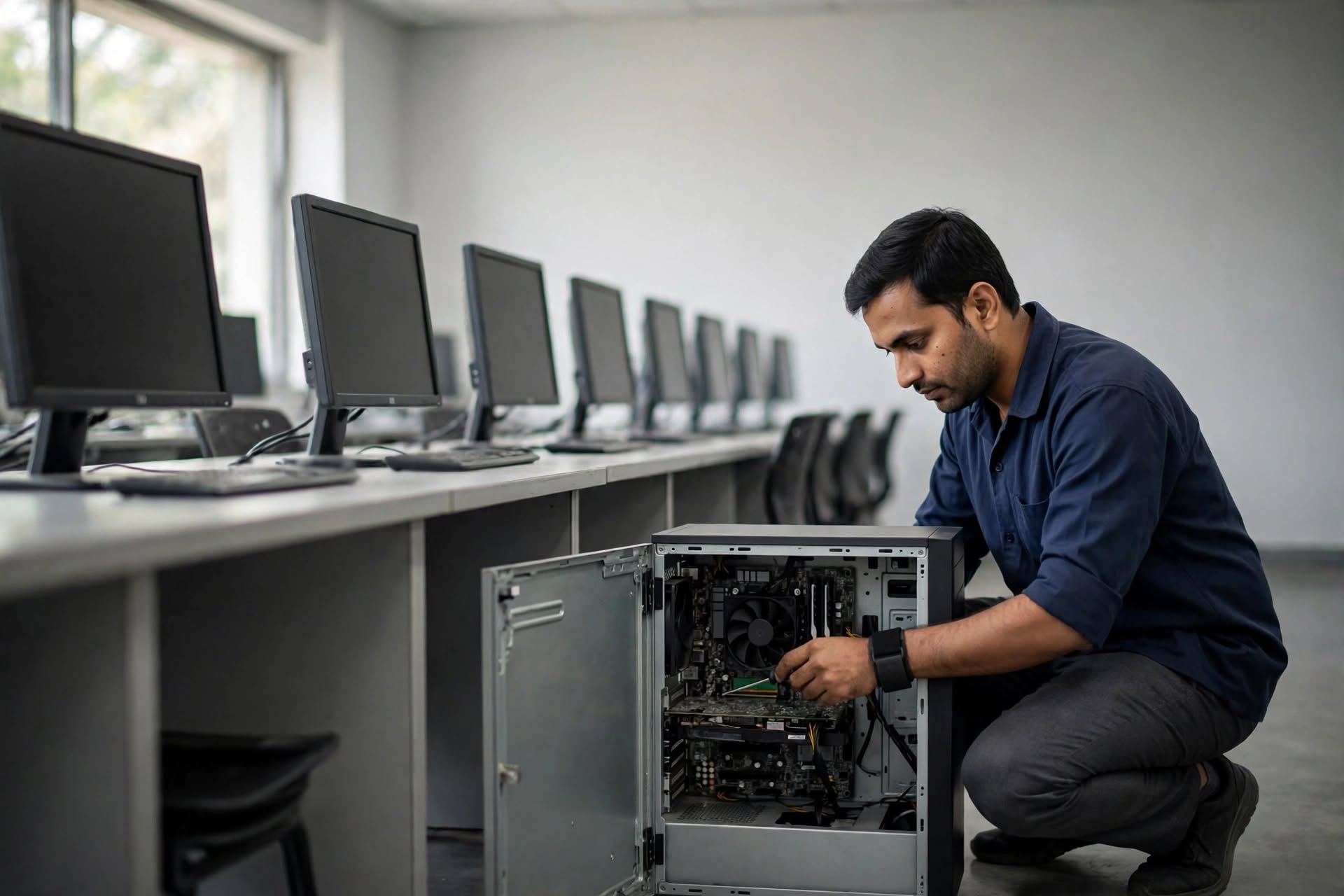 Computer AMC for schools and colleges: engineer servicing a desktop in a college computer lab