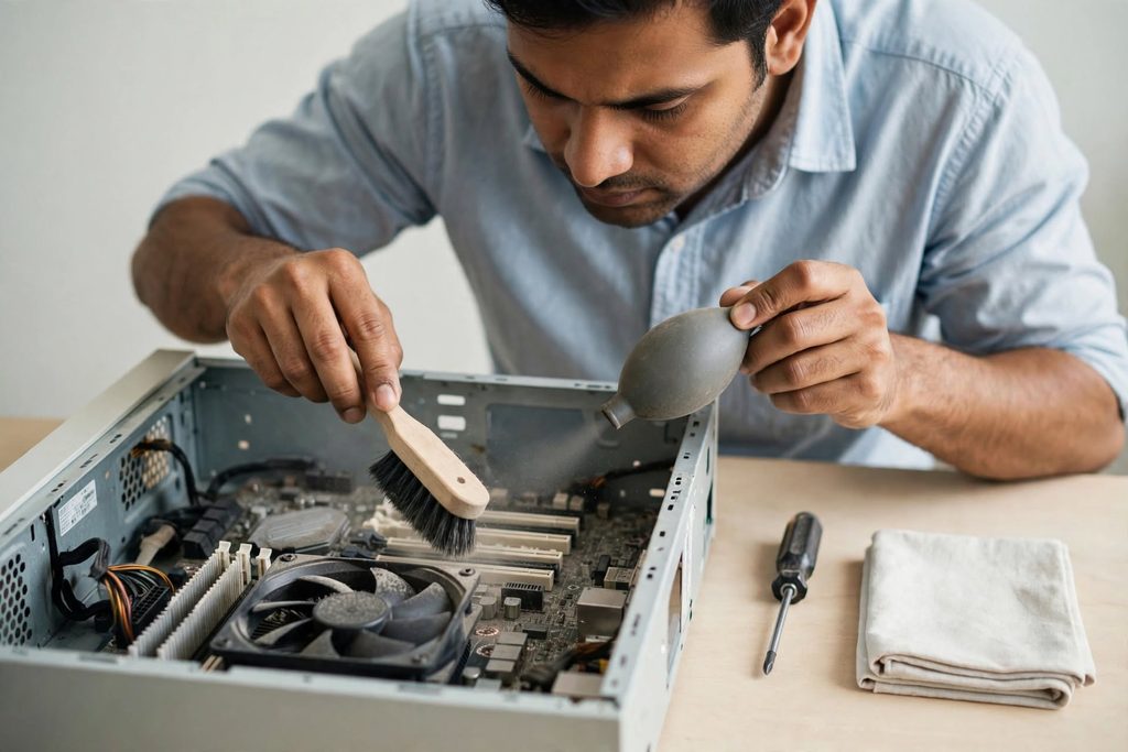 School computer lab AMC visit with a technician cleaning a desktop cabinet