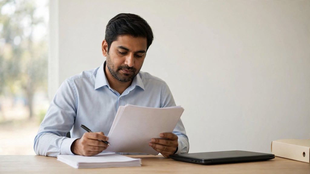 Institute administrator reviewing an annual maintenance contract device list at a desk