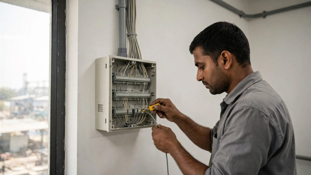 Technician wiring an EPABX system in Vapi factory admin office