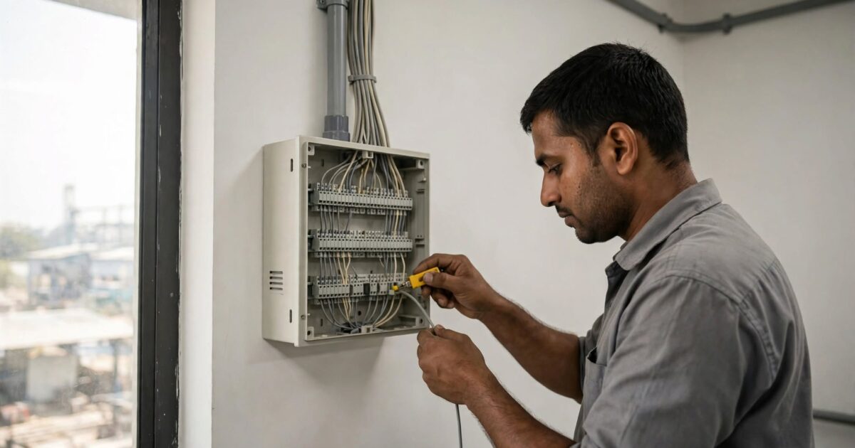 Technician wiring an EPABX system in Vapi factory admin office
