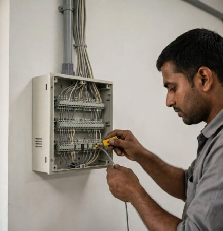 Technician wiring an EPABX system in Vapi factory admin office