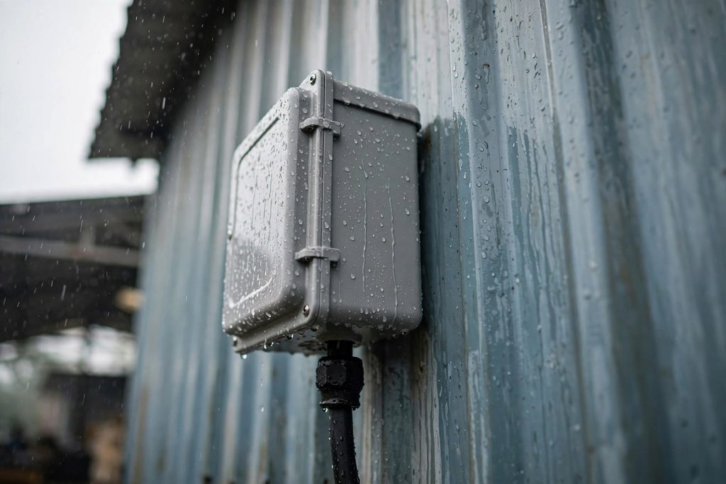 Sealed outdoor telephone junction box on a factory shed wall in monsoon rain