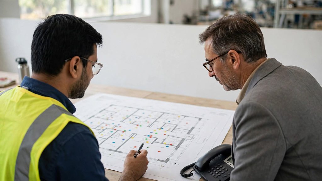     Engineer and admin manager planning EPABX installation extensions on a floor plan
