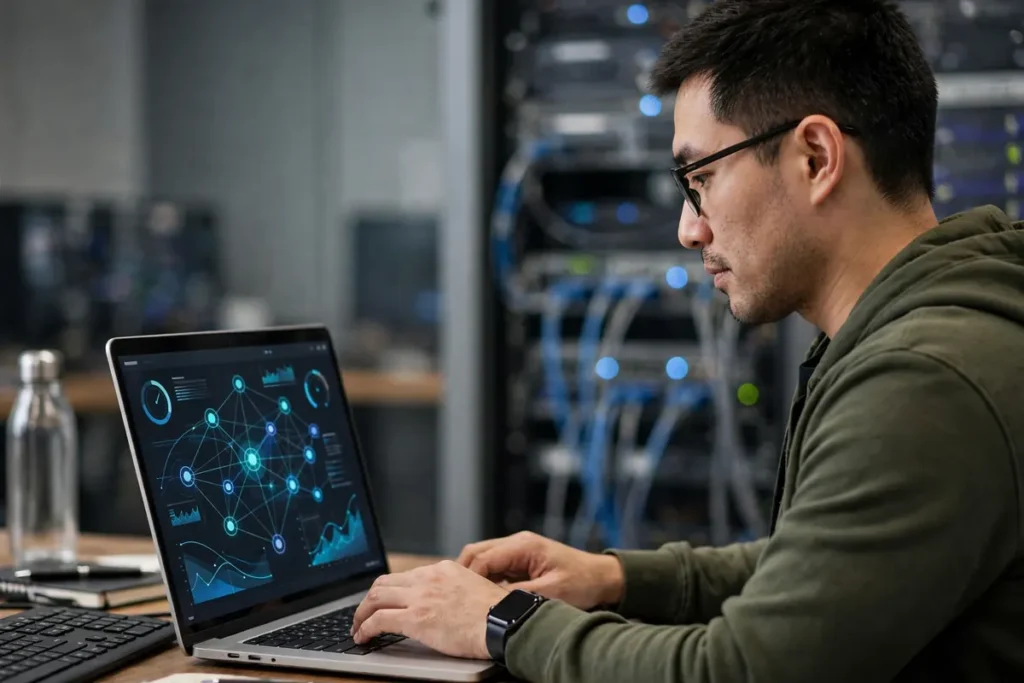 IT technician configuring secure network firewall and automated backup settings