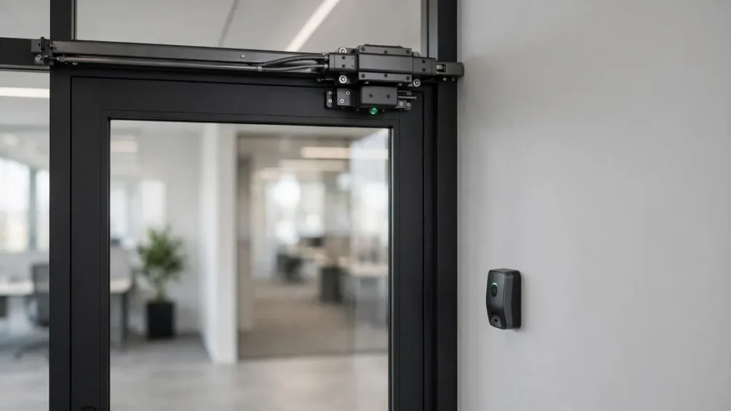 Engineered installation of magnetic door lock on glass corporate office door