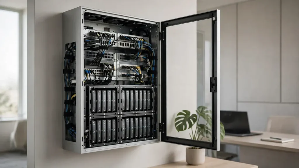 Modern office server rack showing organized wiring and secure data storage hardware