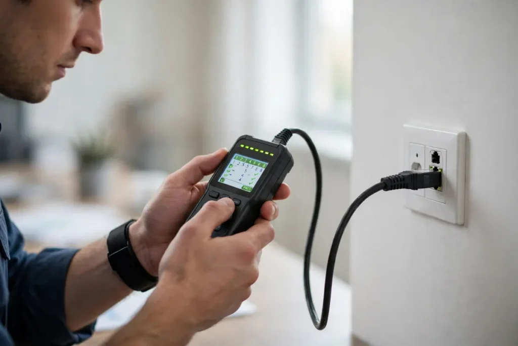 Technician testing wall faceplate jack using a digital cable tester