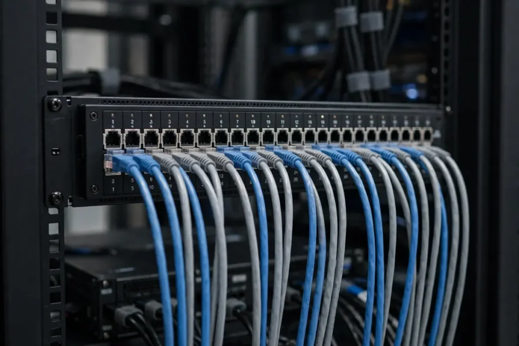 Neatly terminated patch panel with numbered port labels