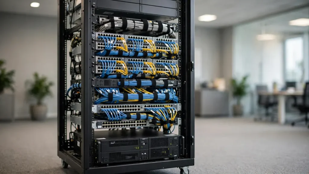 Clean server rack enclosure with organized storage drives and backup UPS