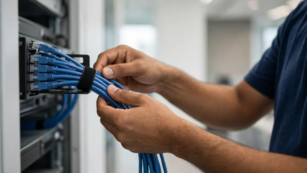 Technician organizing structured cabling in Vapi server rack