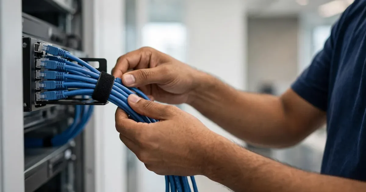 Technician organizing structured cabling in Vapi server rack