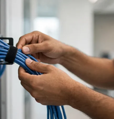 Technician organizing structured cabling in Vapi server rack