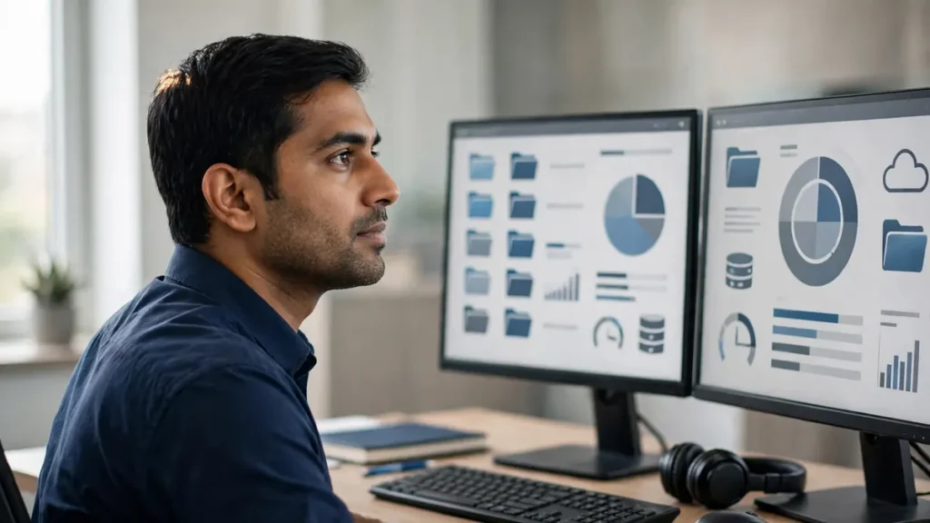 IT engineer reviewing secure tally data backup solution for vapi businesses on office computer