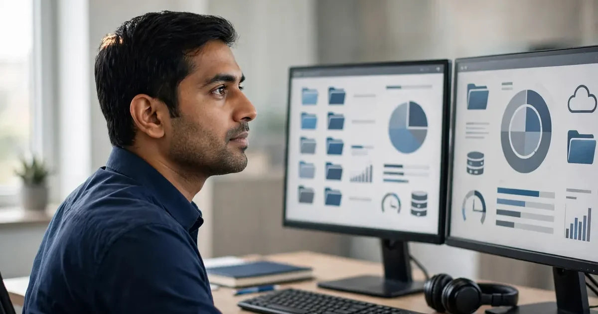 IT engineer reviewing secure tally data backup solution for vapi businesses on office computer