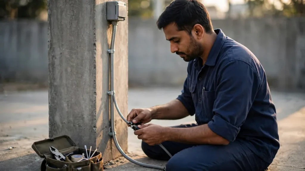 Technician running cable in conduit to an attendance reader at a plant entrance